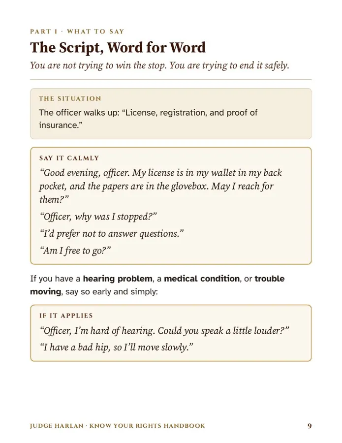 Sample handbook page with a word-for-word traffic stop script